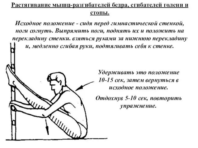 Растягивание мышц-разгибателей бедра, сгибателей голени и стопы. Исходное положение - сидя перед