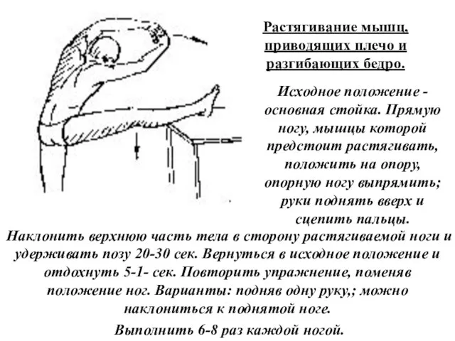 Растягивание мышц, приводящих плечо и разгибающих бедро. Исходное положение - основная стойка.