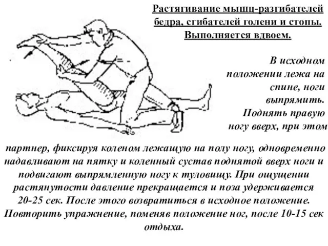 Растягивание мышц-разгибателей бедра, сгибателей голени и стопы.Выполняется вдвоем. В исходном положении лежа