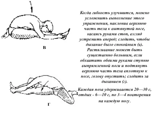 Когда гибкость улучшится, можно усложнить выполнение этого упражнения, наклонив верхнюю часть тела