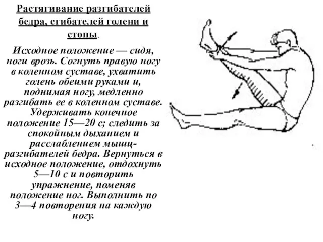 Растягивание разгибателей бедра, сгибателей голени и стопы. Исходное положение — сидя, ноги