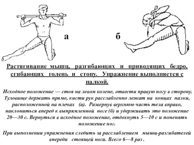 Растягивание мышц, разгибающих и приводящих бедро, сгибающих голень и стопу. Упражнение выполняется