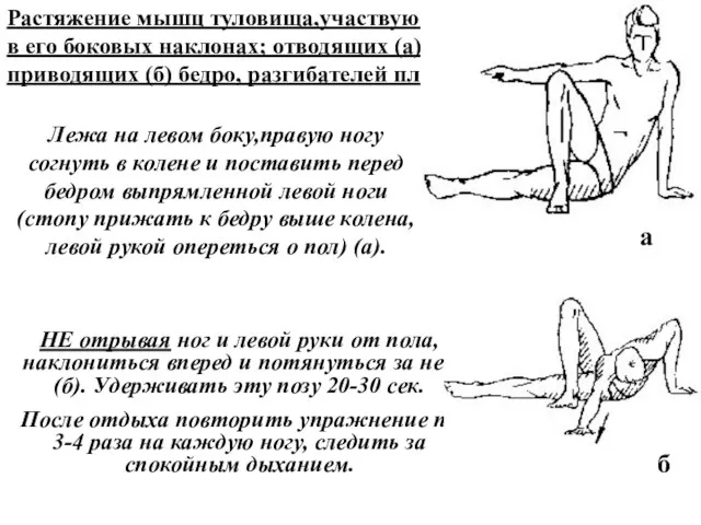 Растяжение мышц туловища,участвующих в его боковых наклонах; отводящих (а) и приводящих (б)