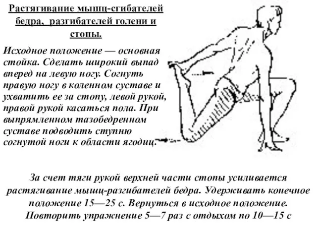 Растягивание мышц-сгибателей бедра, разгибателей голени и стопы. Исходное положение — основная стойка.