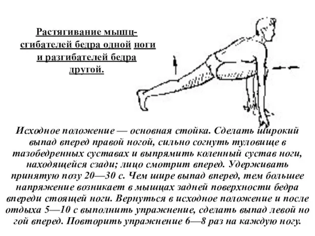 Растягивание мышц-сгибателей бедра одной ноги и разгибателей бедра другой. Исходное положение —