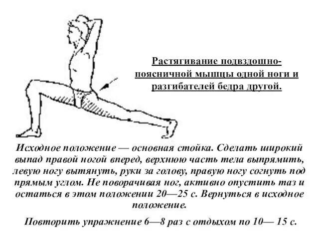 Растягивание подвздошно-поясничной мышцы одной ноги и разгибателей бедра другой. Исходное положение —