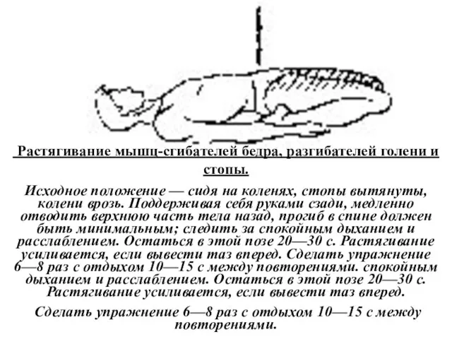 Растягивание мышц-сгибателей бедра, разгибателей голени и стопы. Исходное положение — сидя на