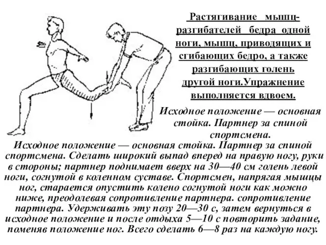 Растягивание мышц-разгибателей бедра одной ноги, мышц, приводящих и сгибающих бедро, а также