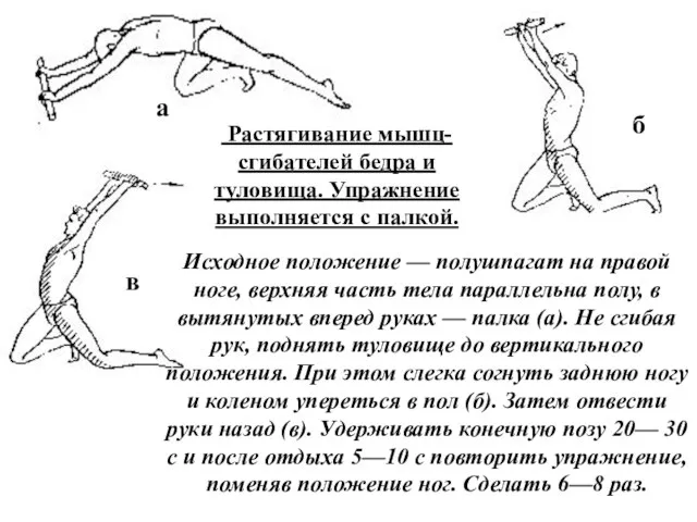 Растягивание мышц-сгибателей бедра и туловища. Упражнение выполняется с палкой. Исходное положение —