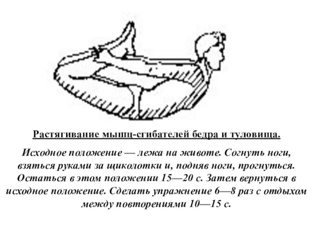 Растягивание мышц-сгибателей бедра и туловища. Исходное положение — лежа на животе. Согнуть