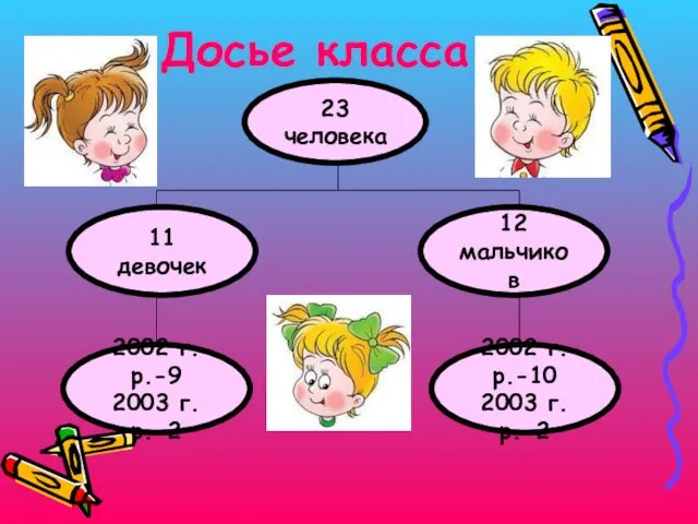 Досье класса 23 человека 11 девочек 2002 г.р.-9 2003 г.р.-2 2002 г.р.-10 2003 г.р.-2 12 мальчиков