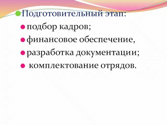 Подготовительный этап: подбор кадров; финансовое обеспечение, разработка документации; комплектование отрядов.