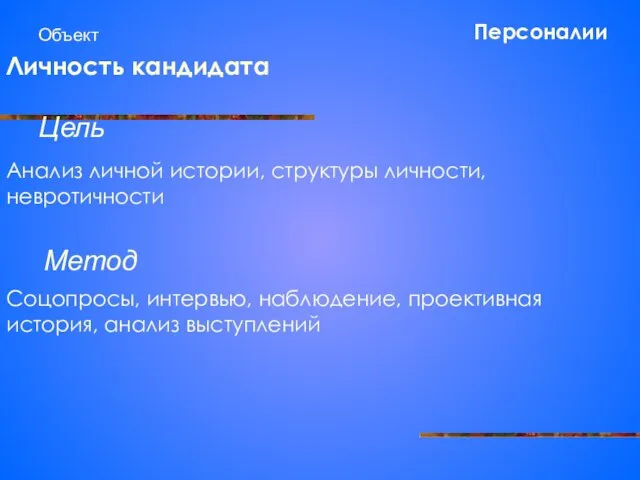 Персоналии Объект Личность кандидата Цель Метод Анализ личной истории, структуры личности, невротичности