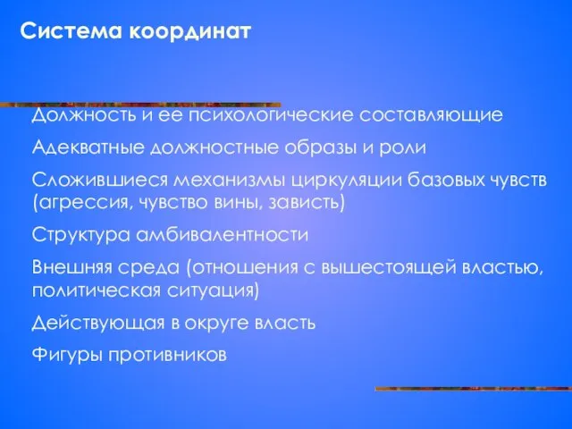 Система координат Должность и ее психологические составляющие Адекватные должностные образы и роли