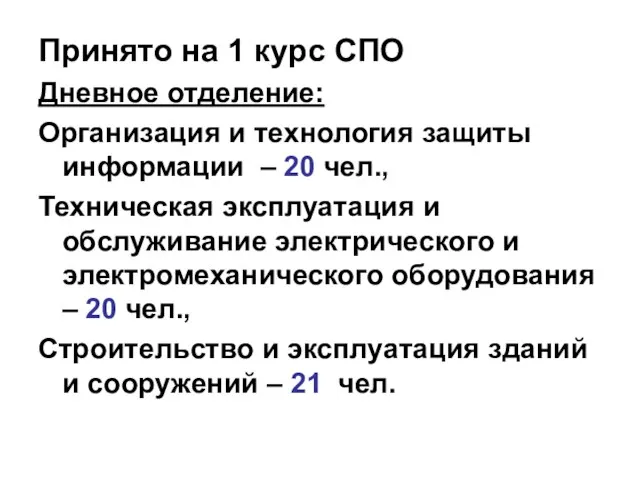 Принято на 1 курс СПО Дневное отделение: Организация и технология защиты информации