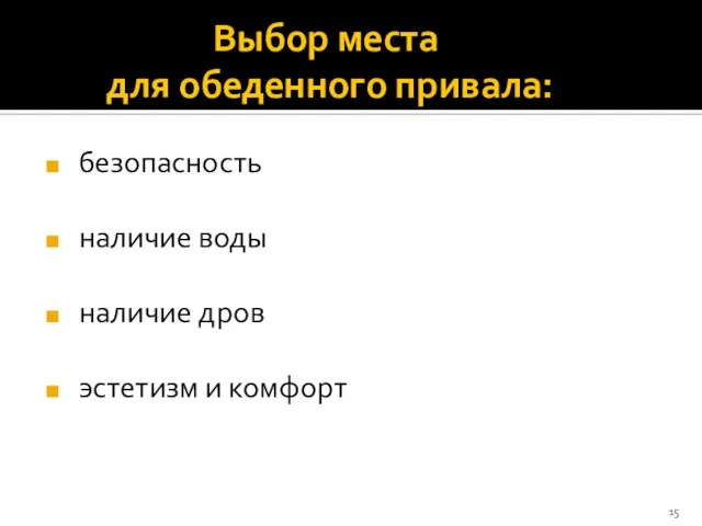 Выбор места для обеденного привала: безопасность наличие воды наличие дров эстетизм и комфорт