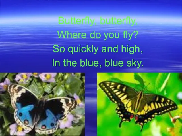 Butterfly, butterfly, Where do you fly? So quickly and high, In the blue, blue sky.