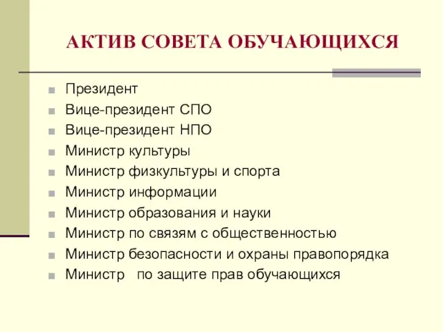 АКТИВ СОВЕТА ОБУЧАЮЩИХСЯ Президент Вице-президент СПО Вице-президент НПО Министр культуры Министр физкультуры