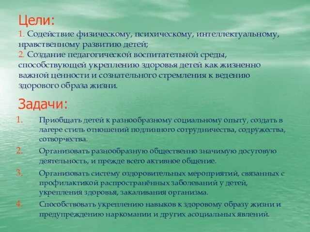 Цели: 1. Содействие физическому, психическому, интеллектуальному, нравственному развитию детей; 2. Создание педагогической