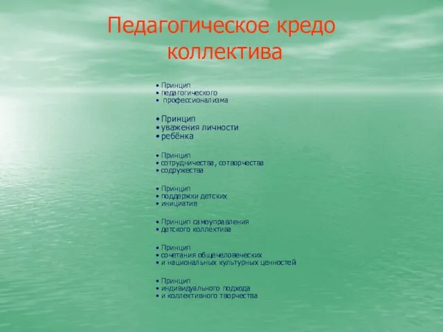 Педагогическое кредо коллектива Принцип педагогического профессионализма Принцип уважения личности ребёнка Принцип сотрудничества,