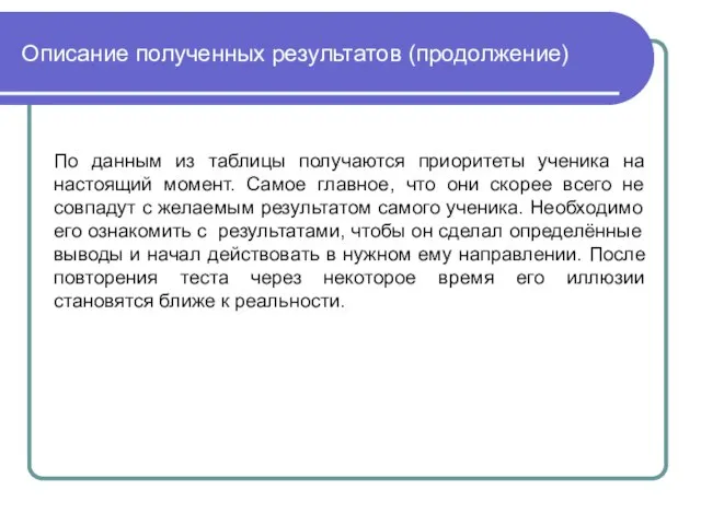 Описание полученных результатов (продолжение) По данным из таблицы получаются приоритеты ученика на