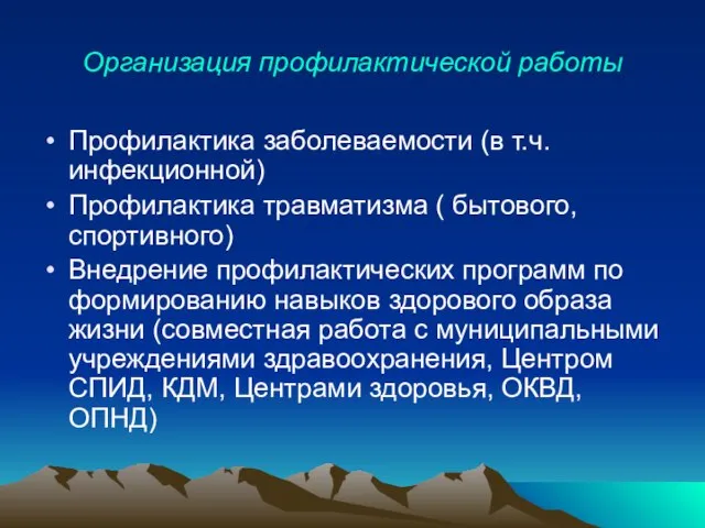 Организация профилактической работы Профилактика заболеваемости (в т.ч. инфекционной) Профилактика травматизма ( бытового,