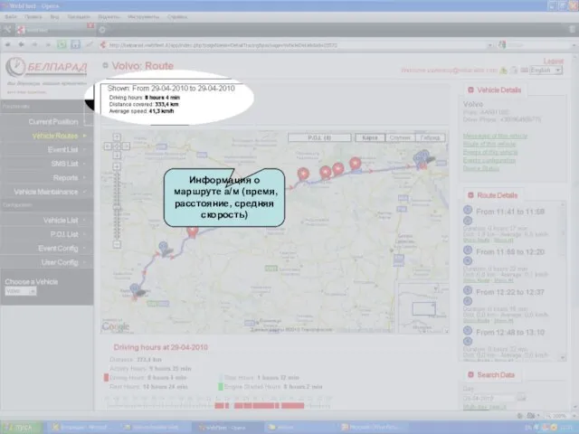 Информация о маршруте а/м (время, расстояние, средняя скорость)