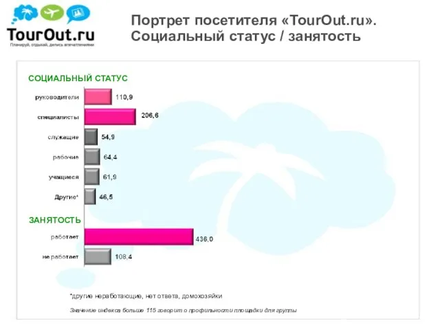 Портрет посетителя «TourOut.ru». Социальный статус / занятость СОЦИАЛЬНЫЙ СТАТУС ЗАНЯТОСТЬ Структура аудитории