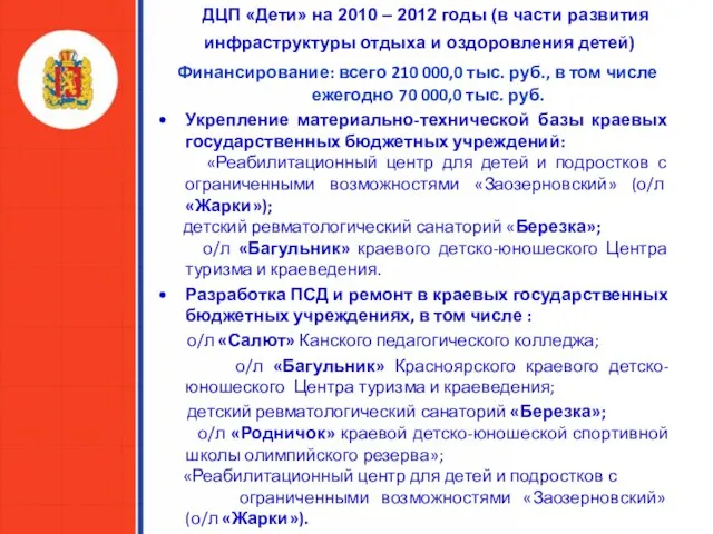 ДЦП «Дети» на 2010 – 2012 годы (в части развития инфраструктуры отдыха