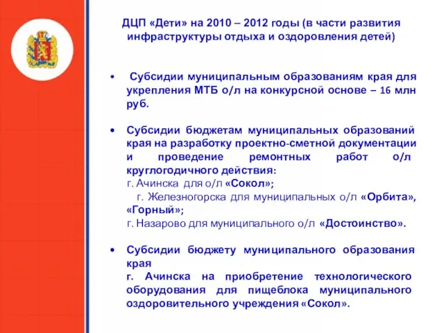 ДЦП «Дети» на 2010 – 2012 годы (в части развития инфраструктуры отдыха