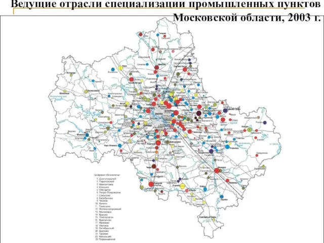 Ведущие отрасли специализации промышленных пунктов Московской области, 2003 г.