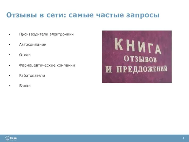 Отзывы в сети: самые частые запросы 4 Производители электроники Автокомпании Отели Фармацевтические компании Работодатели Банки