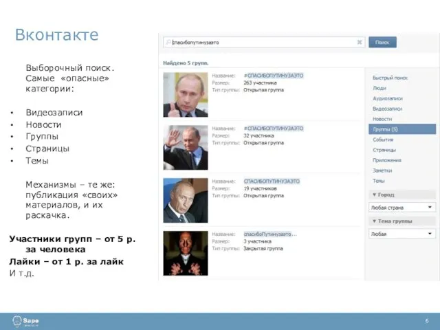 Вконтакте 6 Выборочный поиск. Самые «опасные» категории: Видеозаписи Новости Группы Страницы Темы