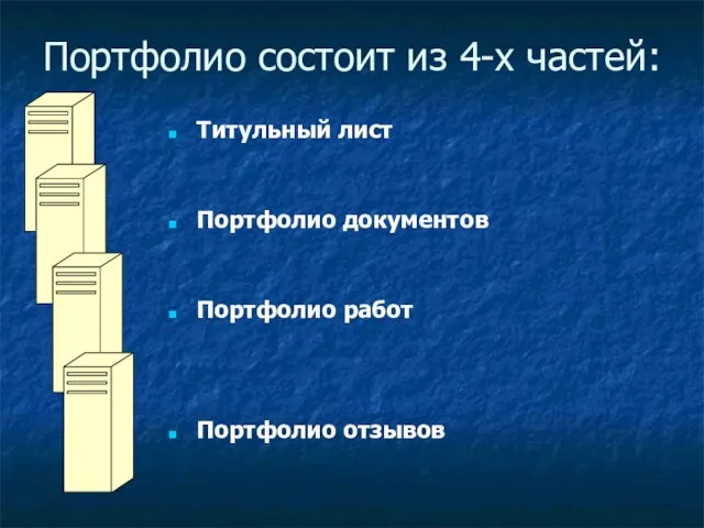 Портфолио состоит из 4-х частей: Титульный лист Портфолио документов Портфолио работ Портфолио отзывов