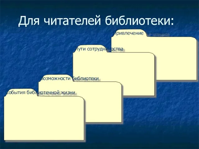 Для читателей библиотеки: Привлечение к чтению Пути сотрудничества Возможности библиотеки События библиотечной жизни