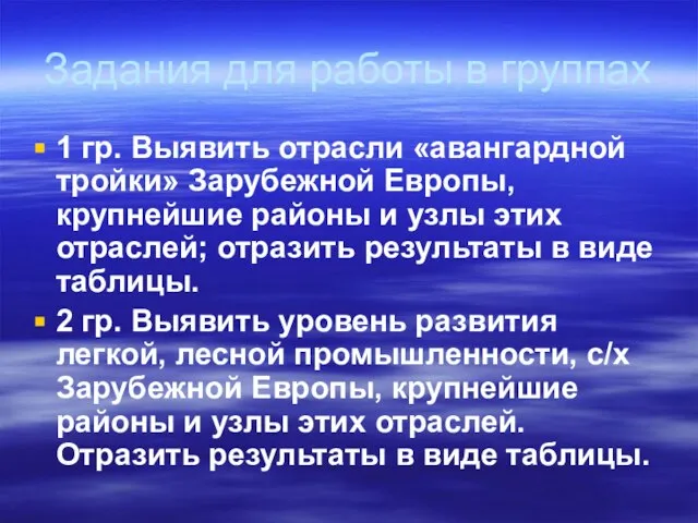 Задания для работы в группах 1 гр. Выявить отрасли «авангардной тройки» Зарубежной