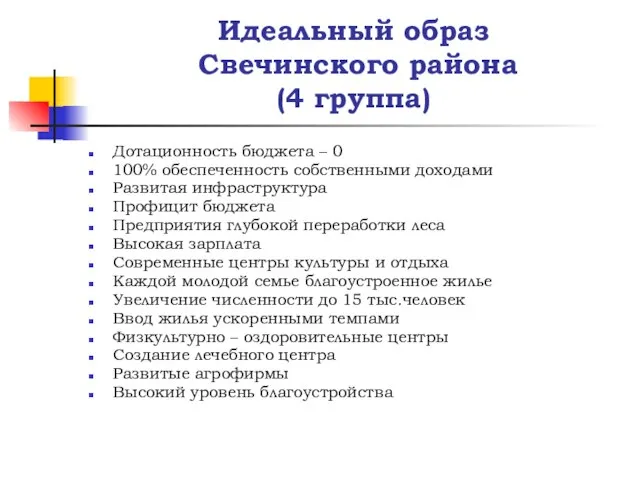 Идеальный образ Свечинского района (4 группа) Дотационность бюджета – 0 100% обеспеченность