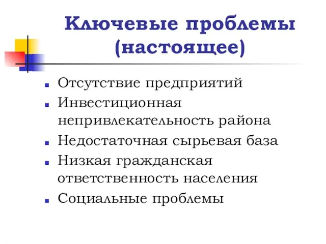 Ключевые проблемы (настоящее) Отсутствие предприятий Инвестиционная непривлекательность района Недостаточная сырьевая база Низкая