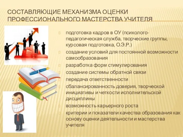 СОСТАВЛЯЮЩИЕ МЕХАНИЗМА ОЦЕНКИ ПРОФЕССИОНАЛЬНОГО МАСТЕРСТВА УЧИТЕЛЯ подготовка кадров в ОУ (психолого-педагогическая служба,