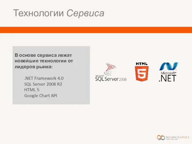 Технологии Сервиса В основе сервиса лежат новейшие технологии от лидеров рынка: .NET