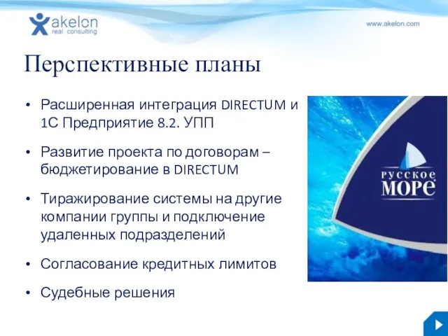 Перспективные планы Расширенная интеграция DIRECTUM и 1С Предприятие 8.2. УПП Развитие проекта