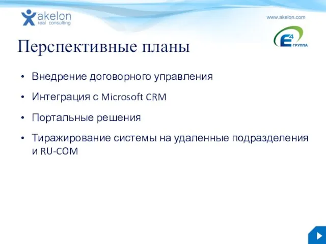 Перспективные планы Внедрение договорного управления Интеграция с Microsoft CRM Портальные решения Тиражирование