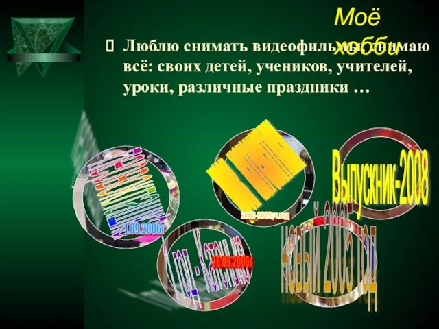 Люблю снимать видеофильмы, снимаю всё: своих детей, учеников, учителей, уроки, различные праздники