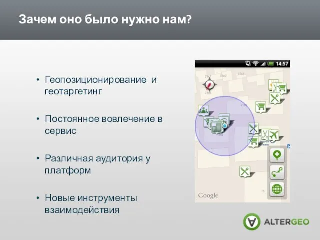 Зачем оно было нужно нам? Геопозиционирование и геотаргетинг Постоянное вовлечение в сервис