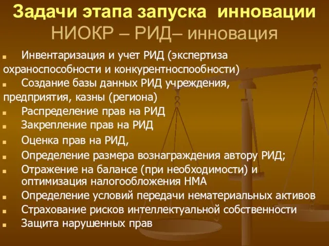 Задачи этапа запуска инновации НИОКР – РИД– инновация Инвентаризация и учет РИД