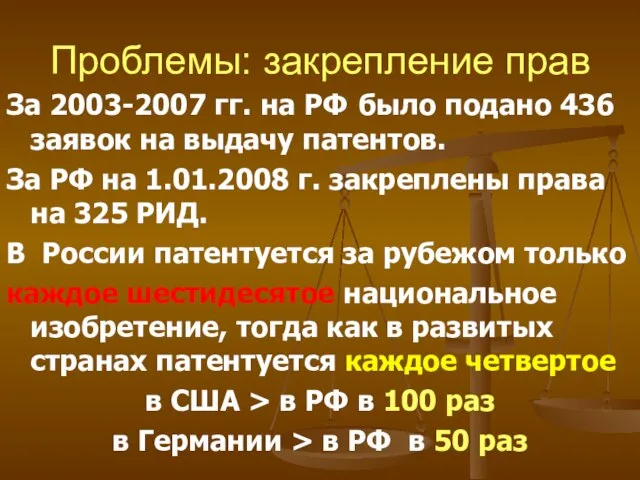 Проблемы: закрепление прав За 2003-2007 гг. на РФ было подано 436 заявок