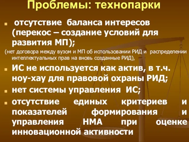 Проблемы: технопарки отсутствие баланса интересов (перекос – создание условий для развития МП);