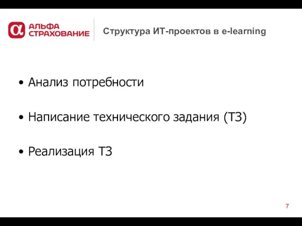 Структура ИТ-проектов в e-learning Анализ потребности Написание технического задания (ТЗ) Реализация ТЗ