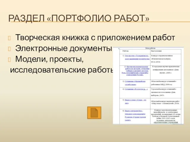 РАЗДЕЛ «ПОРТФОЛИО РАБОТ» Творческая книжка с приложением работ Электронные документы Модели, проекты, исследовательские работы