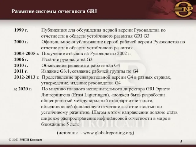 Развитие системы отчетности GRI © 2011 ЭНПИ Консалт 1999 г. Публикация для